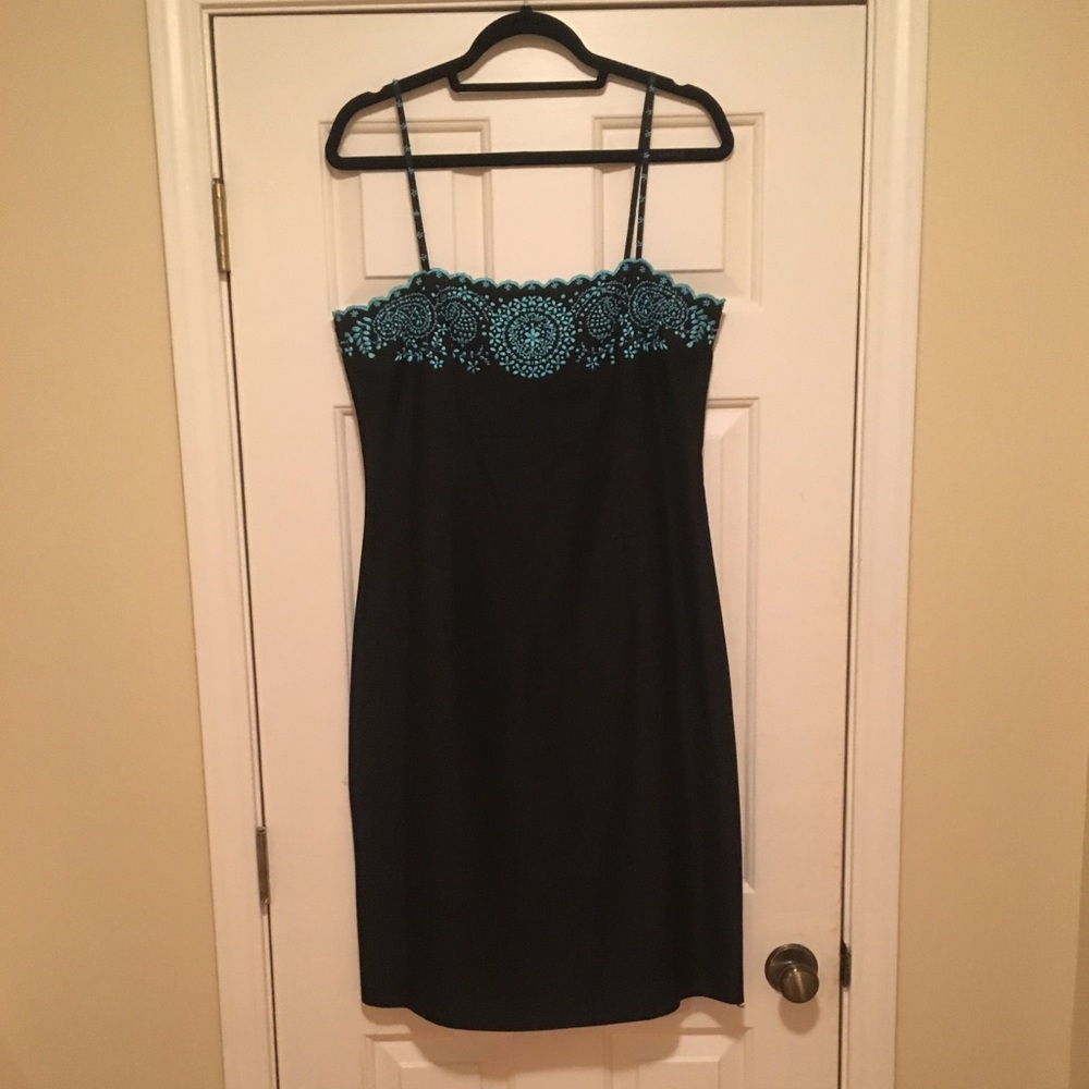 Ann Taylor Black Dress With Turquoise Design - Picture 2 of 7